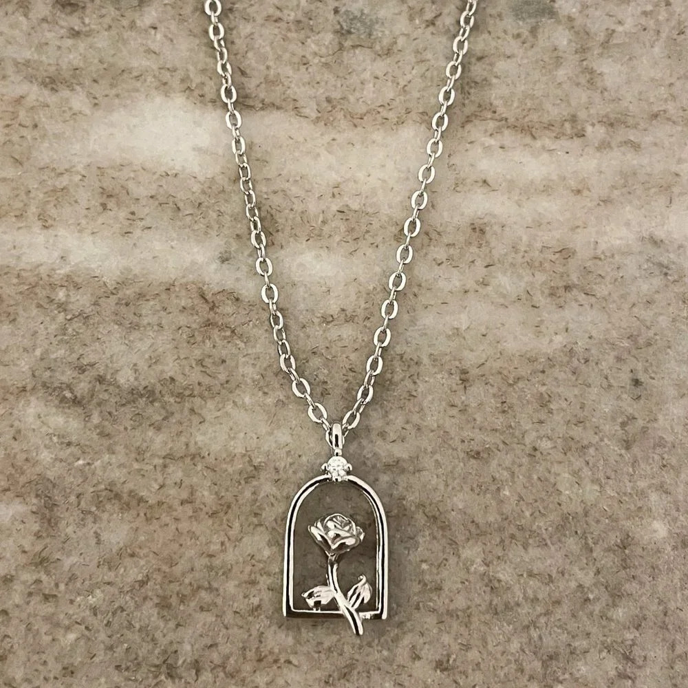 925 Sterling Silver Rose Necklace Rose Pendant Necklace Flower Necklace